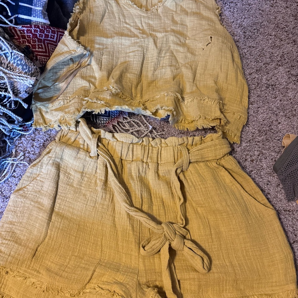 Mustard Yellow Two-Piece Crop Top & High-Waist Shorts Set